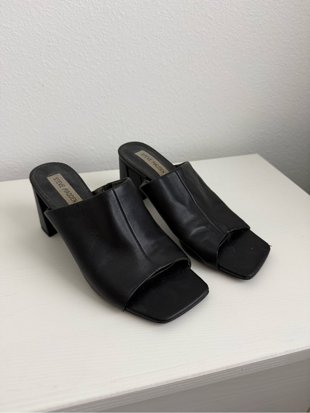 Steve Madden Black Leather Square-Toe Slip-On Mules